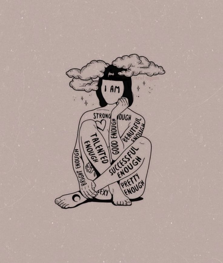 a drawing of a person sitting on the ground under a cloud with words written all over it