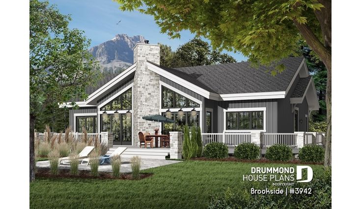 this is an artist's rendering of a house in the woods with mountains in the background