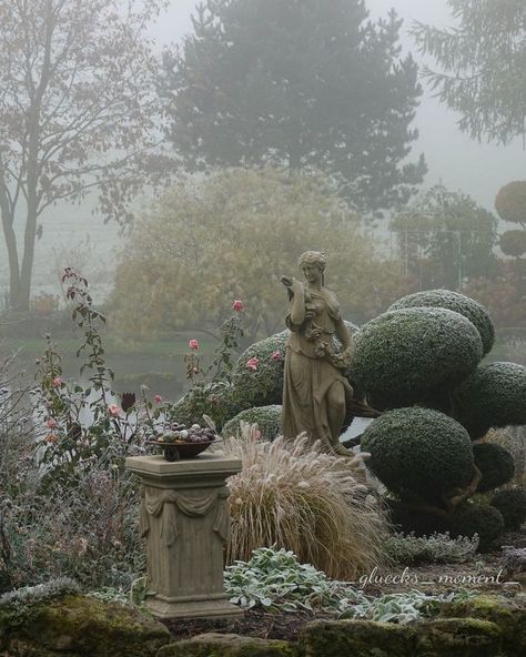 a statue in the middle of a garden surrounded by bushes and flowers on a foggy day