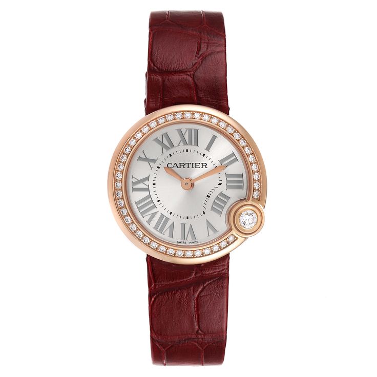 Cartier Ballon Blanc Rose Gold Diamond Ladies Watch WJBL0005 Unworn. Quartz movement. 18K rose gold case 30.0 mm in diameter. 18K rose gold Cartier factory diamond bezel with larger solitaire diamond at the 4 o'clock position. Scratch resistant sapphire crystal. Silver dial with roman numerals. Rose gold sword shape hands. Burgundy leather strap with 18K rose gold tang buckle and additional black leather strap. Cartier Diamond Watch With Round Dial, Cartier Diamond Watch With Diamond Accents, Luxury Rose Gold Watches With Diamond Accents, Luxury Rose Gold Diamond Watch For Anniversary, Elegant Rose Gold Diamond Watch With Diamond Hour Markers, Timeless Rose Gold Diamond Watch, Cartier Diamond Watch With Diamond Hour Markers, Rose Gold Diamond Watch With Metal Dial, Rose Gold Diamond Watch With Subdials