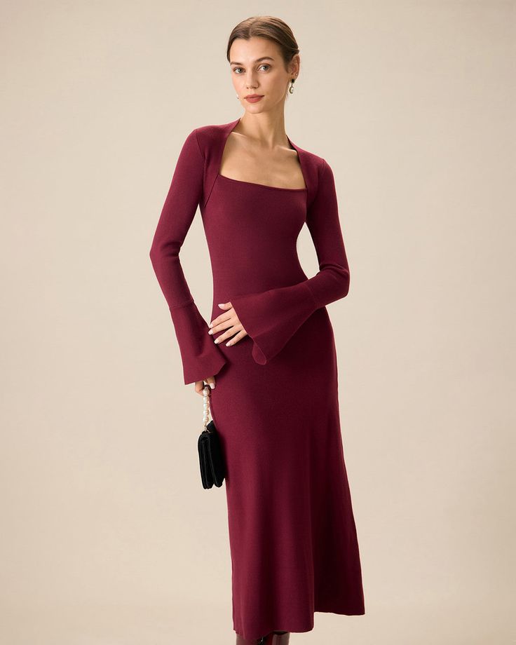 The Red Square Neck Flare Sleeve Midi Dress & Reviews - Red - Dresses | RIHOAS Elegant Winter Bodycon Dress With Square Neck, Fitted Burgundy Midi Dress For Evening, Burgundy Stretch Dress For Evening, Stretch Burgundy Evening Dress, Sleek Solid Dresses For Fall, Sleek Solid Color Fall Dresses, Stretch Midi Dress For Fall Dinner, Fall Stretch Midi Dress For Dinner, Elegant Fitted Burgundy Bodycon Dress