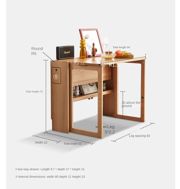 an image of a wooden desk with drawers and compartments on the bottom side, labeled