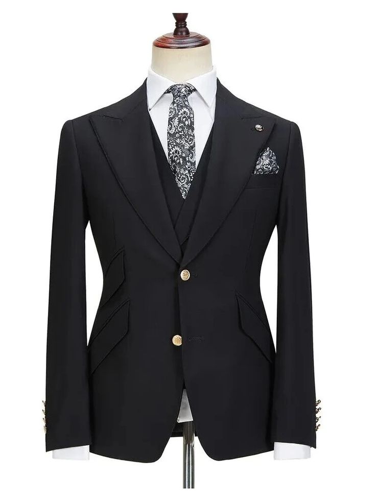 • Jacket: Wide Peak Lapel With 2mm Pick Stitching; Left Lapel Button Hole; Single Breasted 2 Button Closure; 2 Slanted Flap Pockets; 1 Slanted Flap Ticket Pocket; 1 Welted Chest Pocket; Double Vents; Full Lining. Pants: Flat Front(Pleat can selected); Belt Loops; 2 Slanted Front Pockets; 2 Jetted Back Pockets; Zipper Fly. Vest: Peak Lapel ... Elegant Business Suits With Double Button Closure, Luxury Fitted Single Breasted Three-piece Suit, Luxury Fitted Single-breasted Three-piece Suit, Tuxedo Style Slim Fit Suits With Buttons, Three-piece Tuxedo Suit With Notch Lapel, Formal Three-piece Suit With Button Closure And Long Sleeves, Semi-formal Slim Fit Single Breasted Three-piece Suit, Formal Three-piece Suit With Button Closure, Formal Three-piece Long Sleeve Suit With Button Closure