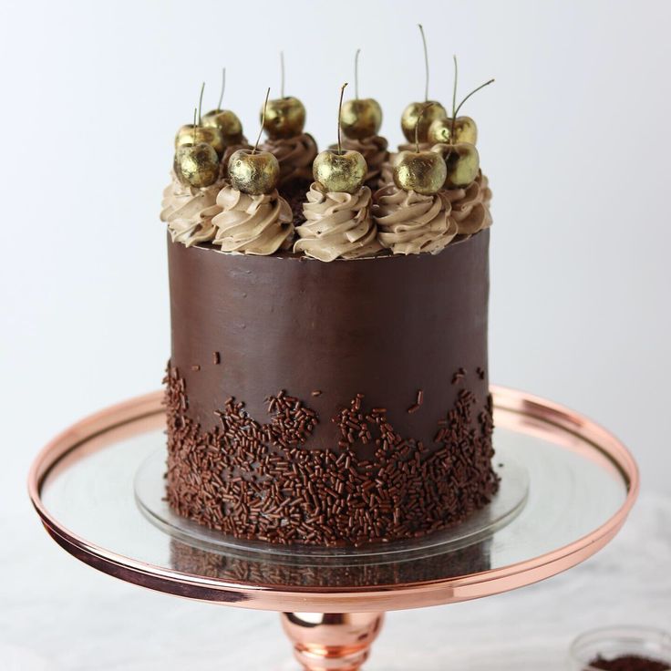 a chocolate cake with frosting and sprinkles on a glass platter