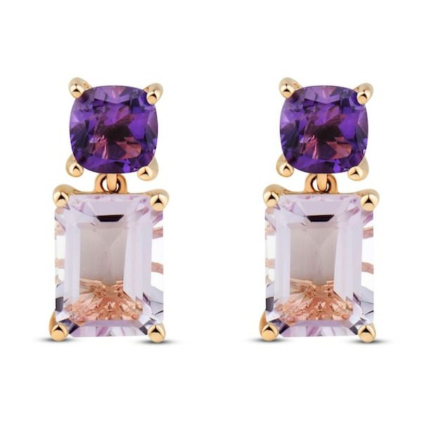 These stunning drop earrings showcase two gorgeous hues of amethyst set in chic 10K rose gold. A cushion-cut amethyst shines above an emerald-cut light amethyst for an unforgettable design. The earrings secure with friction backs. Amethyst Set, Fashion Design Patterns, Family Jewels, Light Amethyst, Amethyst Gem, Amethyst Color, Amethyst Jewelry, Purple Stones, Emerald Stone