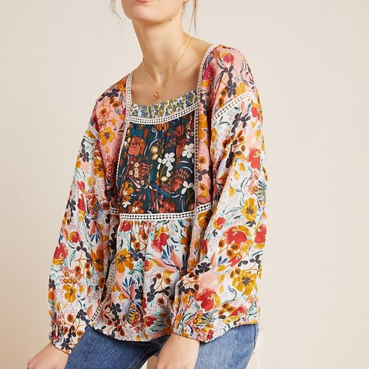 Anthropologie Nikki Peasant Blouse S Petite Rayon Lace Detail Pullover Styling Hand Wash Imported Dimensions Standard: 25"L New With Tag! Spring Multicolor Square Neck Tops, Multicolor Square Neck Tops For Spring, Spring Bohemian Peasant Top With Blouson Sleeves, Flowy Peasant Top With Floral Print, Peasant Style Square Neck Blouse For Spring, Floral Print Square Neck Top For Beach, Spring Bohemian Daywear Blouse, Bohemian Long Sleeve Peasant Top For Brunch, Bohemian Multicolor Tops With Blouson Sleeves