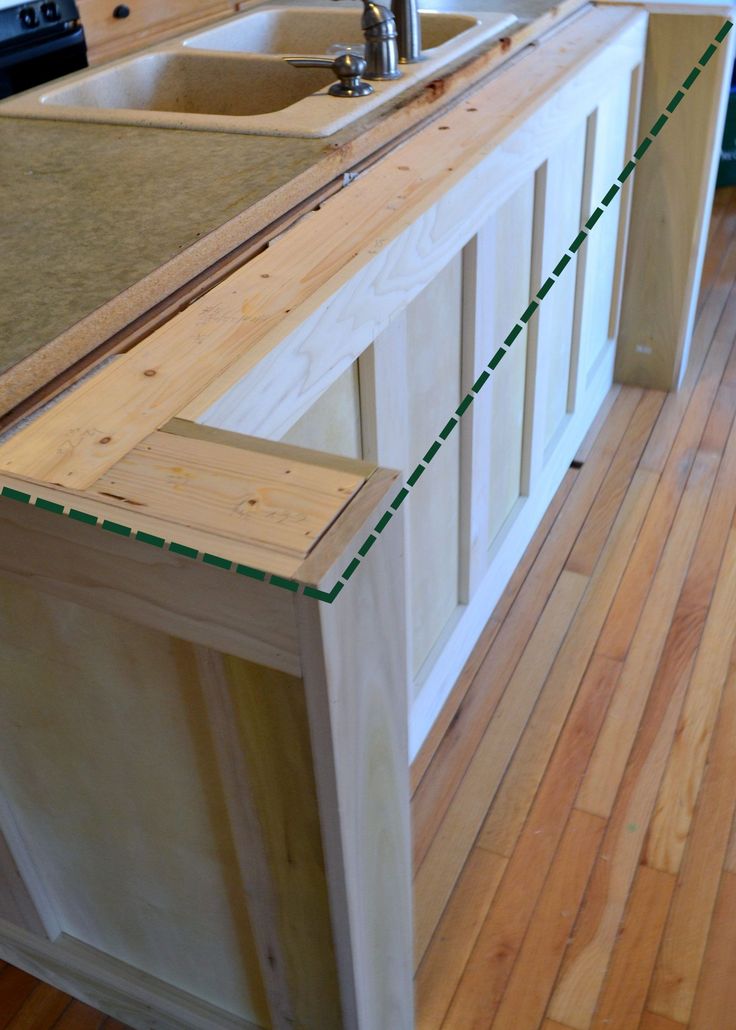 an unfinished kitchen island with sink and counter top being built into the wall by a tape measure line