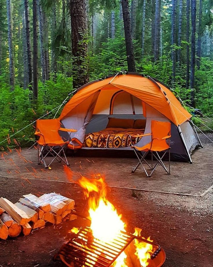 an orange tent sitting in the middle of a forest next to a campfire with logs