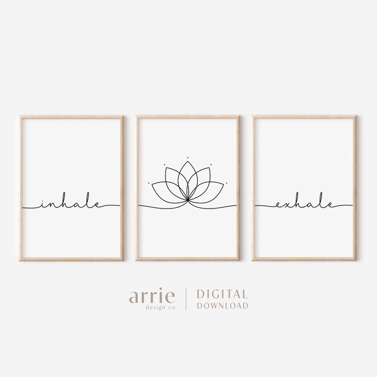 three framed art prints with the word'inhale'and an image of a lotus flower