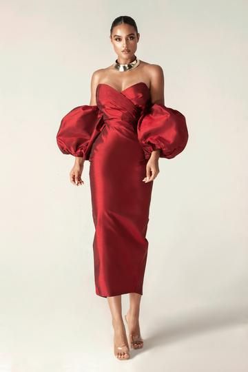 Tiffany Dupioni Puff Sleeve Maxi Dress (Hot Pink) – Alieva Red Temptation, Dupioni Silk Dress, Dupioni Silk Fabric, Puff Sleeve Maxi Dress, Dress Maroon, Tailored Skirt, Exaggerated Sleeves, Voluminous Sleeves, Dupioni Silk