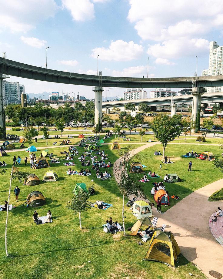 many people are camping in the park under an overpass