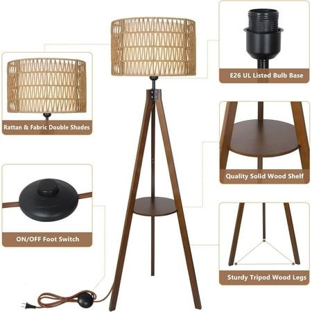 the floor lamp is made from wood and has different types of lamps on it, including one