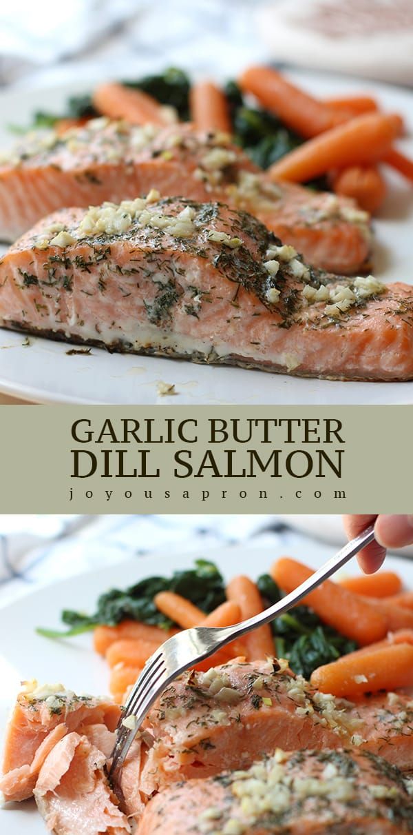 salmon and carrots on a white plate with a fork in the middle, topped with garlic butter dill