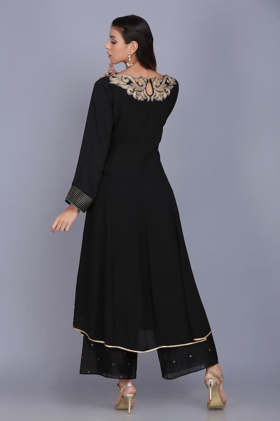 Black long kurta featuring zari applique work on the neckline. Paired with a palazzo and a dupatta. - Aza Fashions Unstitched Elegant Anarkali Set With Embroidered Border, Semi-stitched Embroidered Churidar For Party, Elegant Unstitched Anarkali Set With Embroidered Border, Elegant Anarkali Set With Embroidered Border For Diwali, Elegant Black Palazzo Set For Navratri, Elegant Diwali Anarkali Set With Embroidered Border, Elegant Palazzo Set With Straight Kurta And Embroidered Border, Straight Kurta Set With Embroidered Border For Party, Black Anarkali Palazzo Set With Zari Work