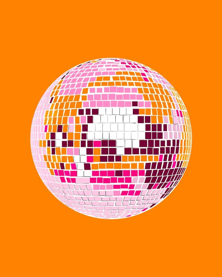 an orange background with a disco ball in the shape of a smiley face on it