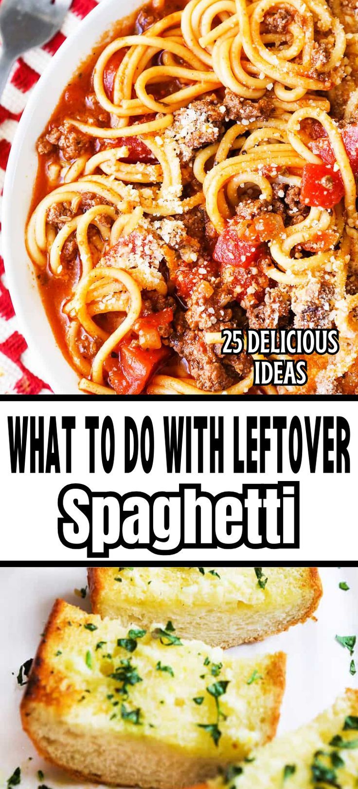 Collage of overhead shot of bowlful of spaghetti at top and overhead shot of plateful of garlic bread at bottom. Leftover Spaghetti Recipe, Spaghetti Sauce Recipes, Leftover Spaghetti Noodles, Leftover Spaghetti, Delicious Spaghetti, Spaghetti Dinner, Spaghetti Sauce Recipe, Incredible Recipes, Simply Delicious