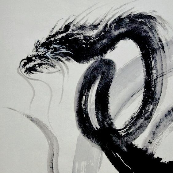 a black and white painting with a dragon on it