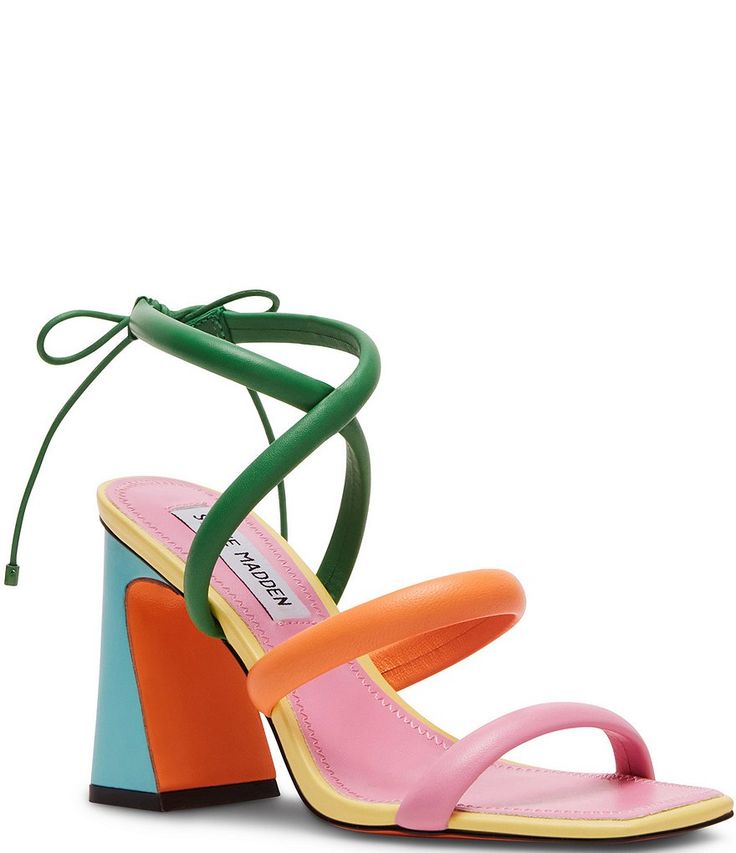 Steve Madden Punctual Leather Strappy Sandals | Dillard's Cocktail Shoes Comfortable, Funky Heels Unique, Colorful Bride Shoes, Pink And Green Heels, Trendy Heels 2024, Cool Heels, Unique High Heels, Summer Shoes For Women, Funky Heels