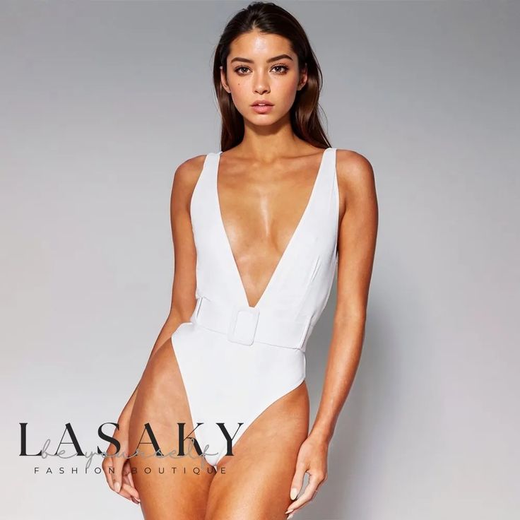 Lasaky - Belted Deep V-Neck High-Cut One-Piece Swimsuit High Cut One Piece Swimsuit, One Piece Swimsuit White, Leg Belt, Swimwear Sets, White Swimsuit, One Piece For Women, Monokini, One Piece Swimwear, High Cut