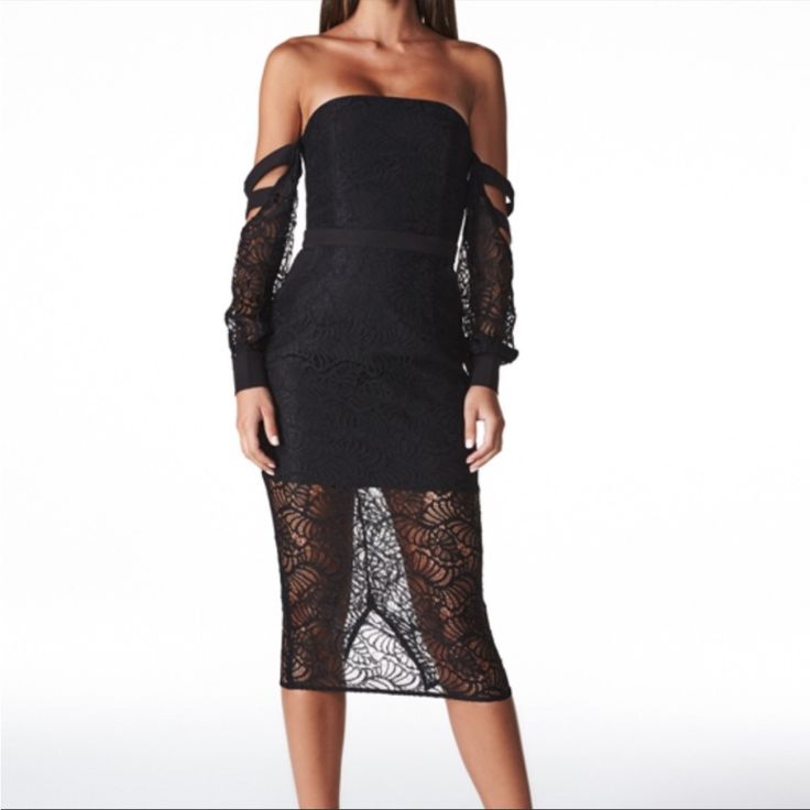 Never Worn Chic Off-shoulder Lace Dress, Fitted Off-shoulder Lace Evening Dress, Black Off-shoulder Lace Mini Dress, Black Off-shoulder Midi Dress For Spring, Lace Sheath Midi Dress For Night Out, Black Lace Off-shoulder Mini Dress, Fitted Lace Off-shoulder Midi Dress, Black Midi Lace Dress For Spring, Black Midi-length Lace Dress For Spring