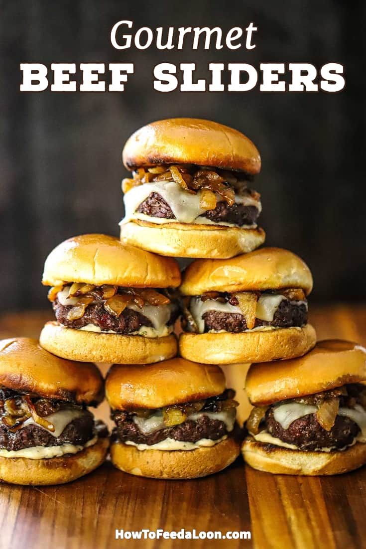 beef sliders stacked on top of each other with text overlay that reads gourmet beef sliders