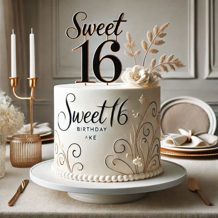 a sweet sixteen birthday cake with white frosting and gold decorations on a dining room table