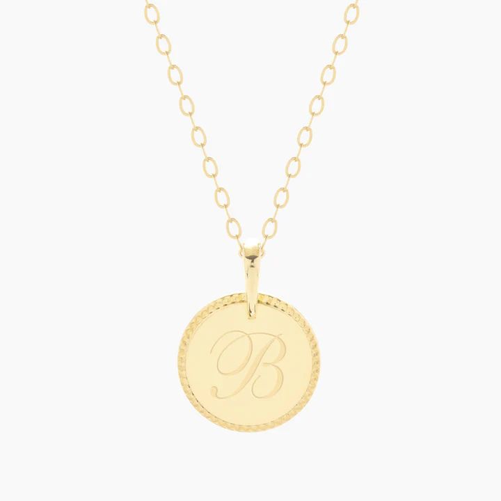 Mila Pendant – Brook & York Engraved Pendant, Gold G, Everyday Necklace, Disc Pendant, Necklace Online, Brass Pendant, Gold Pendant Necklace, Curb Chain, Jewelry Rings Engagement