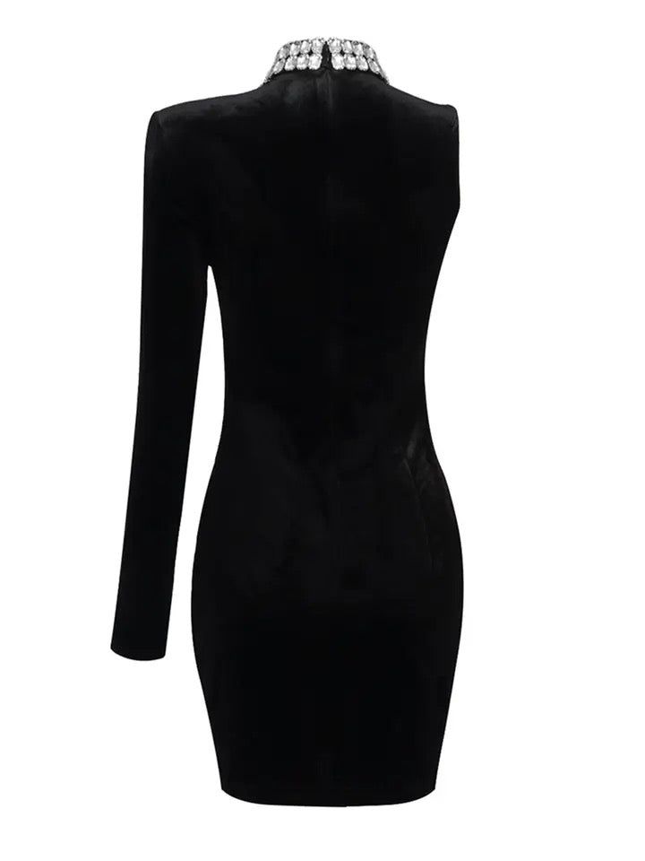 Diamond Embellished Butterfly Women Sexy Mesh Patchwork Black Turtleneck Velvet Mini Dress Evening Slim Fit Mini Bodycon Dress, Slim Fit Mini Bodycon Dress For Evening, Slim Fit Mini Length Bodycon Dress For Evening, Slim Fit Mini Dress For Night Out, Slim Fit Mini Dress For Evening, Chic Slim Fit Evening Dress, Slim Fit Knee-length Mini Dress For Evening, Glamorous Fitted Mini Dress With Asymmetrical Neckline, Sleek Sheath Mini Dress For Party