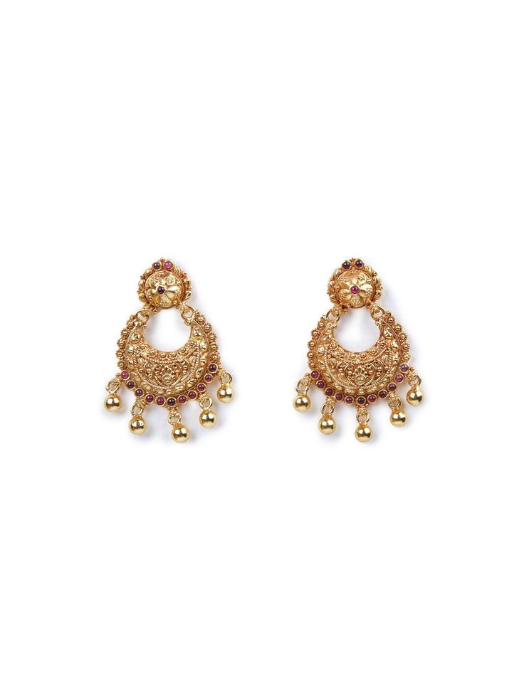 This antique-style Mila Chaandbali earring, crafted from 925 silver and gold-plated, is beautifully designed and adorned with vibrant red kemp stones and charming ball dangles, making it a timeless and classy choice. Please refer to the pictures of the jewelry worn on a model to get a clear idea of the size. Condition: New. This product is intricately designed and meticulously handcrafted with exceptional care by our skilled silversmiths, employing traditional Indian techniques. Every jewelry pi Temple Jewelry Style Bridal Dangle Earrings, Temple Jewelry Bridal Dangle Earrings, Filigree Earrings For Diwali Gift, Filigree Earrings As Diwali Gift, Filigree Earrings As Gift For Diwali, Festive Temple Jewelry Earrings For Celebrations, Filigree Earrings Gift For Diwali, Ceremonial Danglers For Diwali, Bollywood Filigree Earrings For Wedding