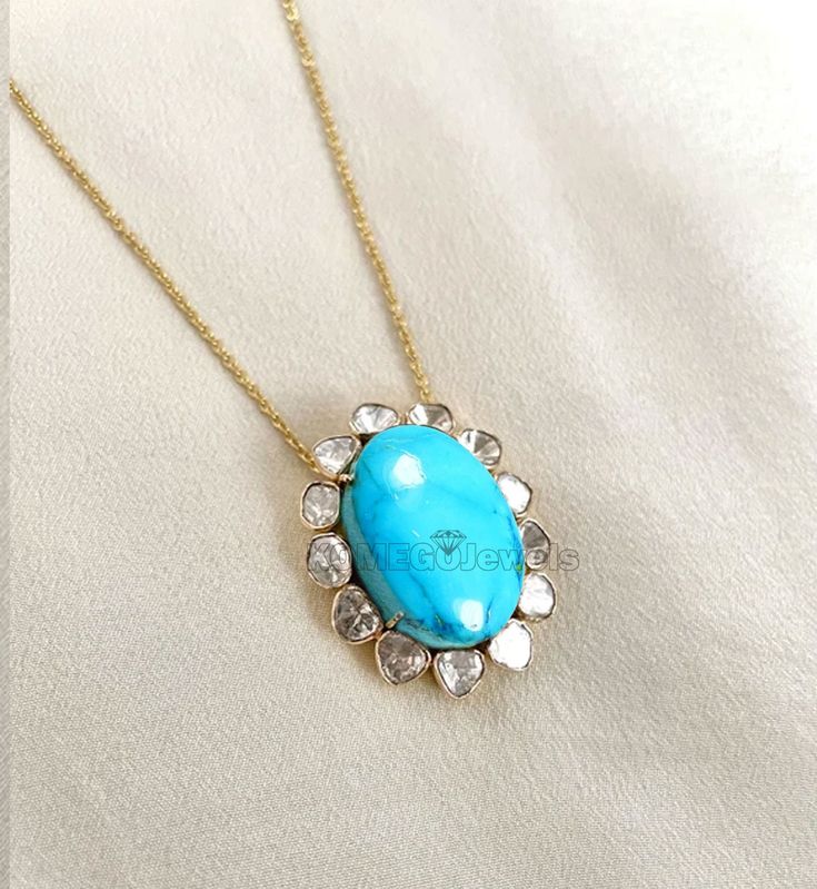 Gorgeous And Rich Look Polki Diamond And Turquoise Gemstone Pendant Necklace Completely Handcrafted With Irregular Shape Size And Colour Polki Diamond  925 Sterling Silver Metal With Rhodium Gold Plated  ● Namaste ● All Size Available and customization Possible For any other information related to this product, you can message us anytime. ● It's a perfect gift for you and your loving ones , it's quite comfortable for wearing and suitable for all occasions styles and ages. All the items in my sho Oval Turquoise Necklaces With Stones, Turquoise Oval Stone Necklaces, Oval Turquoise Stone Necklace, Turquoise Gemstone Necklace For Anniversary, Turquoise Oval Stone Necklace, Hallmarked Oval Turquoise Necklace, Exquisite Turquoise Jewelry As Gift, Exquisite Turquoise Jewelry For Gift, Exquisite Turquoise Jewelry Gift