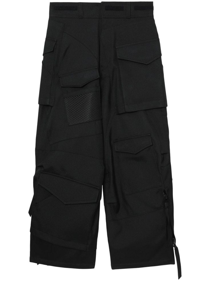 black strap detailing zip detail touch-strap detail mesh detailing high waist belt loops front button and zip fastening multiple cargo pockets straight hem Functional Black Pants With Belt Loops, Functional Black Parachute Pants With Belt Loops, High-waisted Techwear Cargo Pants, Edgy Cargo Pants With Pockets For Work, Techwear Straight Cargo Pants For Work, Techwear Cargo Pants For Work, Black Workwear Pants With Functional Pockets, Edgy Cargo Pants For Work, Black Work Pants With Functional Pockets