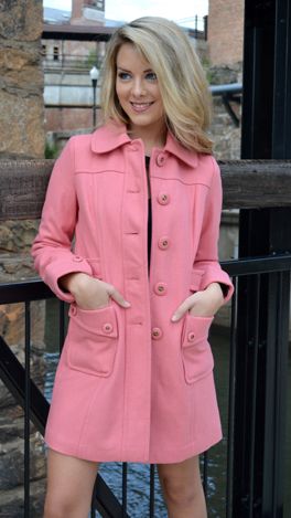 Rose Classic Coat :: NEW ARRIVALS :: The Blue Door Boutique Chic Long Pink Pea Coat, Pink Single-breasted Wool Coat For Fall, Pink Single Breasted Wool Coat For Fall, Pink Single-breasted Winter Outerwear, Buttoned Wool Coat For Spring, Pink Single Breasted Winter Outerwear, Solid Wool Coat With Buttons For Spring, Pink Snap Button-up Outerwear, Feminine Pink Outerwear With Button Closure