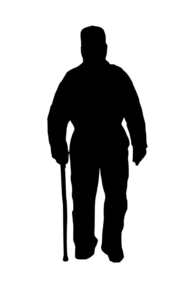 the silhouette of a man with a cane is shown in this black and white photo