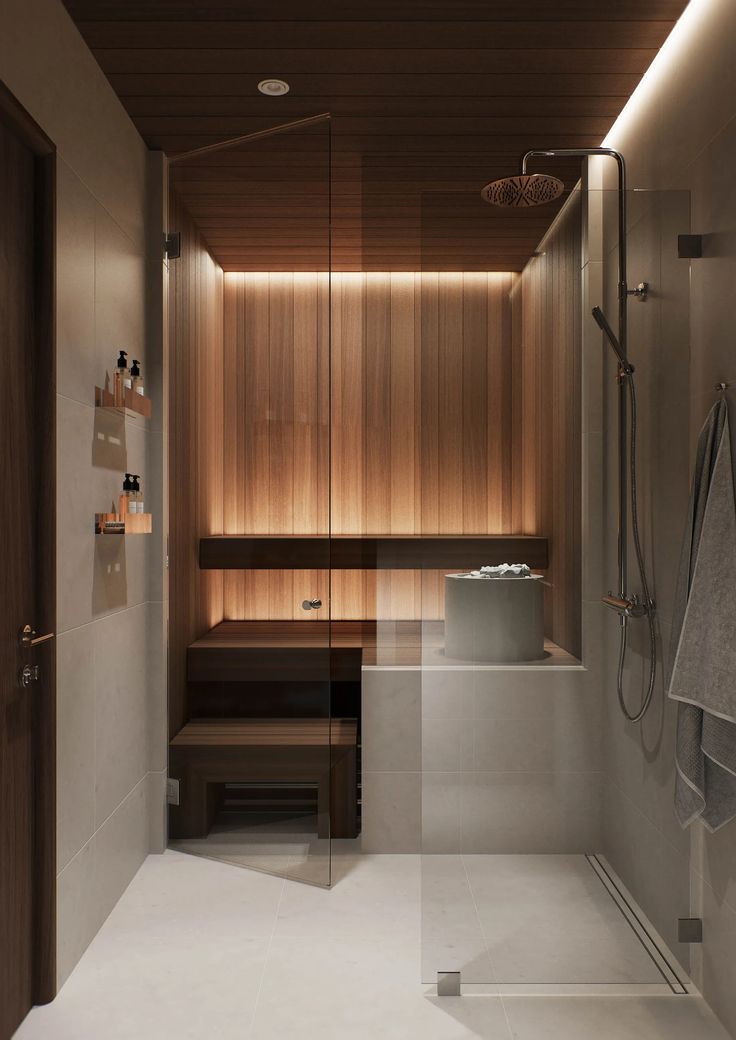 a modern bathroom with wood paneling and lighting