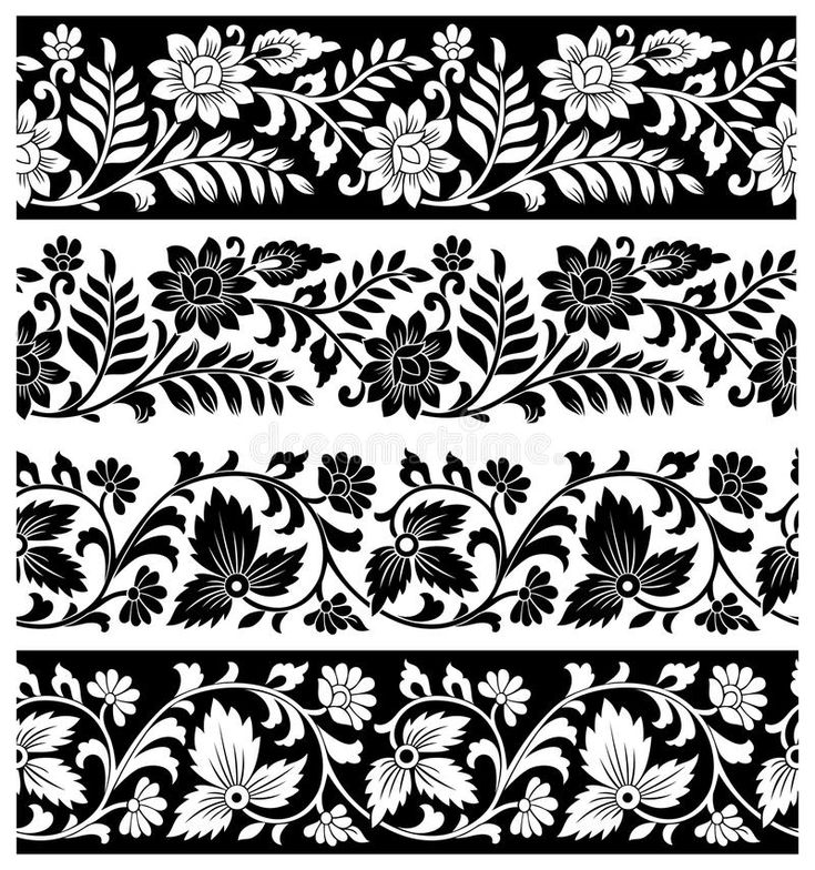 four black and white floral borders with flowers, leaves and swirls on the edges