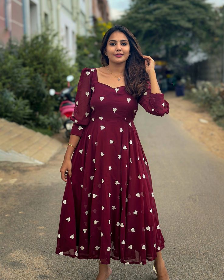 HELENA- hearts embroidered Georgette dress 🤎 Price: 2100 INR Code : LK282 Anarkali length: 47 inches. (Additional charges applicable for full length customisation ) Full Hands Frock Designs, Frock Models For Women, Frocks Designs For Women, Cotton Frocks For Women, Long Frock Models, Short Frocks For Women, Long Frocks For Women, Frock Designs For Women, Long Frocks Designs