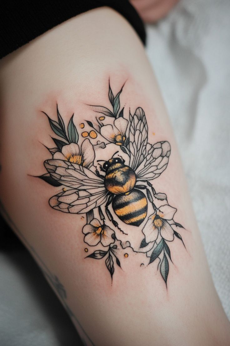 Tattoo of a bee surrounded by flowers and leaves on a person's skin. Bee Hand Tattoo For Women, Art Deco Bee Tattoo, Bee Tattoo Ideas Unique, Bees And Butterflies Tattoo, Bee Thigh Tattoo, Flowers And Bees Tattoo, Bee Tattoo With Flowers, Tattoos On Freckled Skin, Flower Bee Tattoo