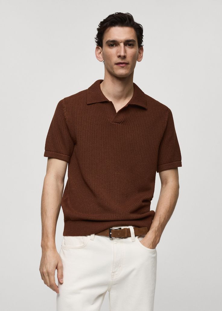 Ribbed knit polo shirt - Man | MANGO USA Knit Polo Shirt, Knit Polo, Mod Fashion, Mango Man, Photo Outfit, Polo Collar, Mens Polo Shirts, Ribbed Knit, Mens Polo