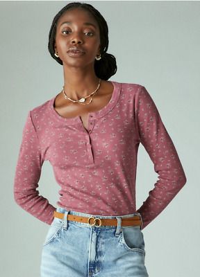 Premium Quality Lucky Brand Womens L Rose Floral Print Snap Henley Rib Knit Top Shirt NWT, Women's Top Casual Fitted Henley Neckline Top, Casual Henley Neckline Tops For Fall, Rib Knit Top, Henley Top, Favorite Jeans, Womens Clothing Tops, Lucky Brand, Women Long Sleeve, Knit Top