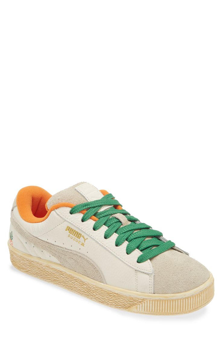 PUMA teams up with streetwear label Carrots on this fresh and fun version of the iconic Suede XL sneaker. Lace-up style Leather and textile upper/textile lining/rubber sole Imported Urban Green Custom Sneakers With Gum Sole, Urban Green Skate Shoes For Streetwear, Urban Style Green Custom Sneakers With Gum Sole, Urban Sneakers With Gum Sole For Spring, Spring Urban Sneakers With Gum Sole, Sporty Green Custom Sneakers For Streetwear, Retro Green Skate Shoes For Streetwear, Green Casual Skate Shoes For Streetwear, Casual Green Skate Shoes For Streetwear