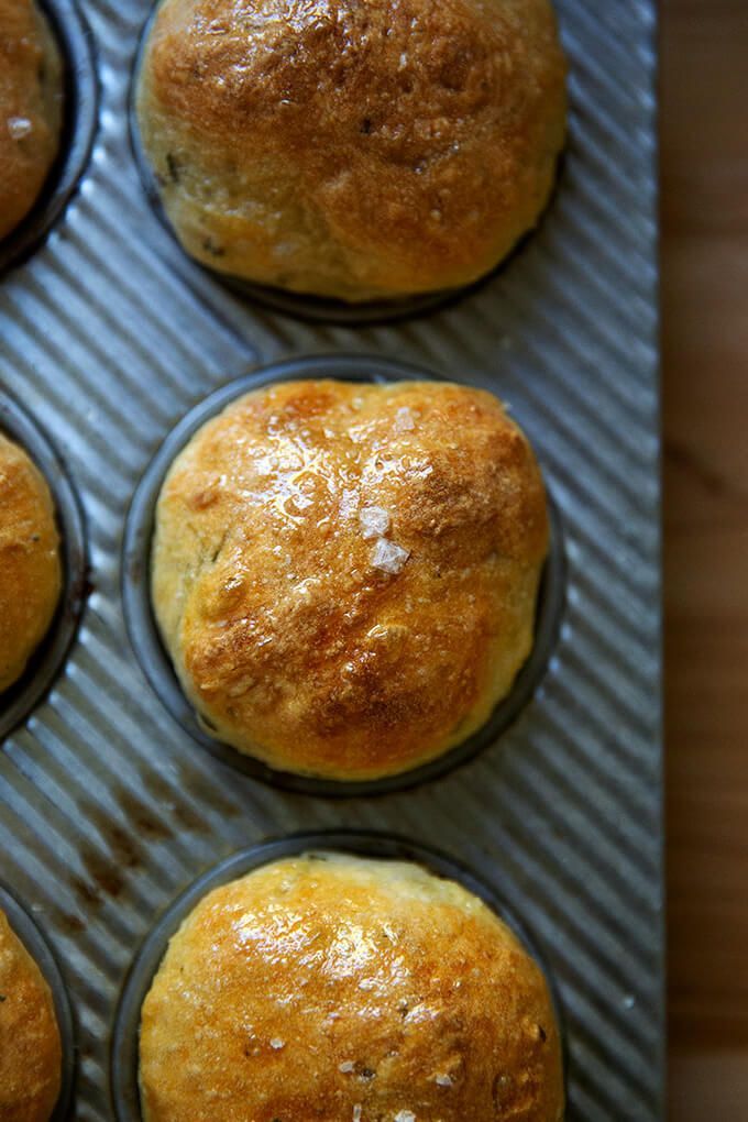 freshly baked muffins sitting in a baking pan