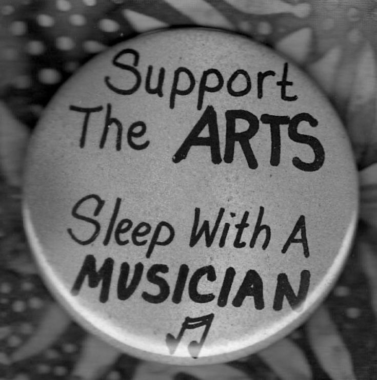 a button that says support the arts sleep with a musician on it in black and white