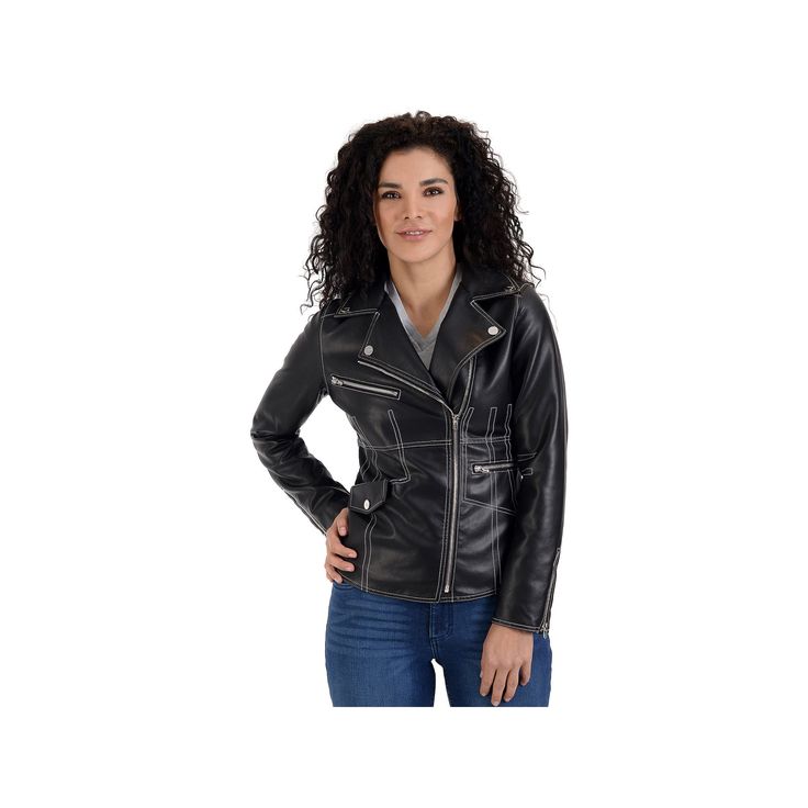 Add an edgy touch to any outfit with this women's faux-leather biker jacket by Nine West.Click on this WOMEN'S GUIDE to find the perfect fit and more! Decorative stitching Faux-leather construction Asymmetrical zipper front Long sleeves with zipper cuffs 3 exterior pockets, 1 interior pocket No HoodFIT & SIZING Designed to hit just below the waist LightweightFABRIC & CARE Polyurethane Lining: polyester Metal snaps & zippers Dry clean Imported Size: X Large. Color: Black. Gender: female. Age Grou Edgy Faux Leather Jacket With Zipper Closure, Edgy Faux Leather Jacket With Zipper, Punk Faux Leather Biker Jacket With Zipper, Edgy Faux Leather Biker Jacket For Fall, Casual Faux Leather Biker Jacket With Asymmetrical Zip, Fitted Faux Leather Biker Jacket In Edgy Style, Fall Faux Leather Biker Jacket, Fall Biker Faux Leather Jacket, Fitted Faux Leather Biker Jacket