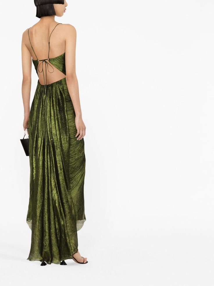 Maria Lucia Hohan Siona Draped Silk Dress - Farfetch Silk Dress Green, Draped Silk Dress, Maria Lucia Hohan, Pleated Drapes, Metallic Look, Green Silk, Evening Dresses Prom, Asymmetrical Hem, Prom Gown