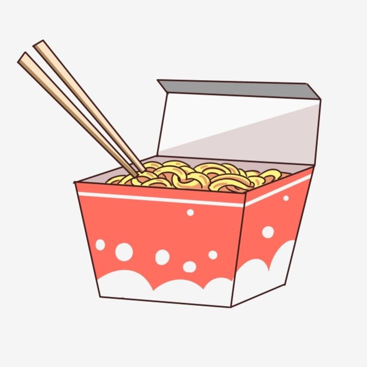 a red box with noodles and chopsticks in it, on a white background