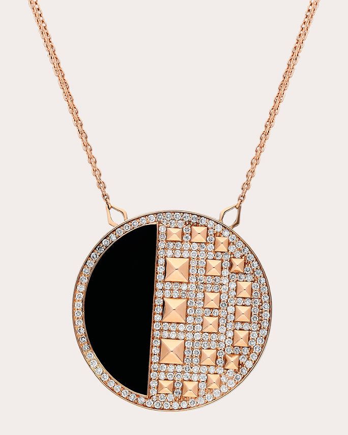 Crafted from 18-karat rose gold, this medallion pendant features a semi circle of inlaid black onyx and dimensional pyramid-like details throughout. Round-cut, pavé-set diamonds add shimmering appeal. From Terzihan's Cairo Collection, inspired by one of the oldest, richest and most noble civilizations. 18k rose gold, black onyx and diamond Carat: 3.45 ctw diamond, 36 ctw black onyx Diamond color: F Diamond clarity: VS Polish with soft cloth Made in Turkey Measurements Chain length: 27.55in Penda Gold Medallion, Fancy Jewelry, Diamond Carat, Diamond Color, Diamond Clarity, Cairo, 18k Rose Gold, Black Onyx, Gold Black