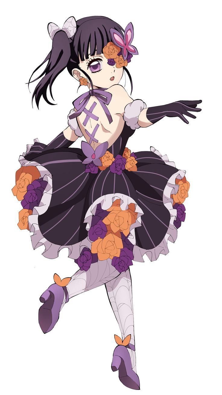 an anime character with long black hair wearing a purple and orange dress, holding her arms out