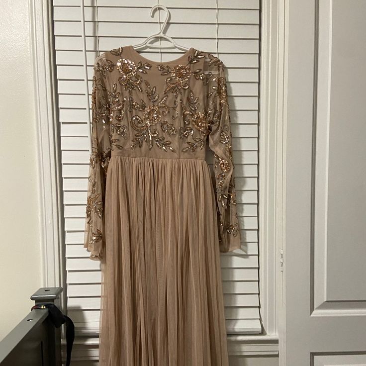 Straight From Boohoo! A Brand New Dress! Only Worn Once! Has Been Ironed(No Wrinkles)! Looks Super Cute! A Beige/Pinkish Color With Some Rose Gold Designs On The Top Area! No Wrinkles, Boohoo Dresses, Beige Dress, Gold Designs, Beige Dresses, Pink Beige, Gold Design, Wrinkles, New Dress