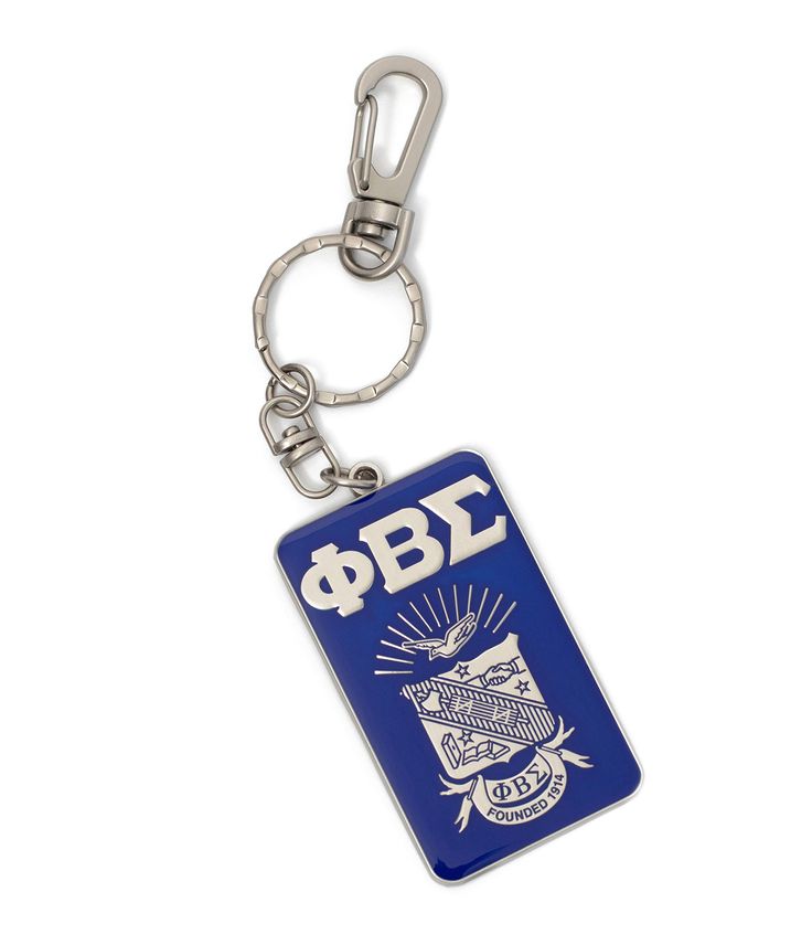 a metal keychain with a blue and white logo on the bottom that says, odbz