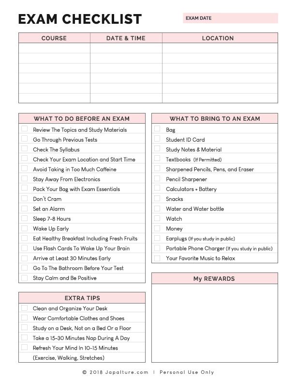 a printable exam checklist for students to use on their school's campus